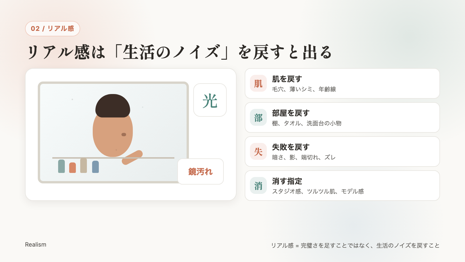 AIっぽさとリアルに寄る指定の違いを示す説明画像